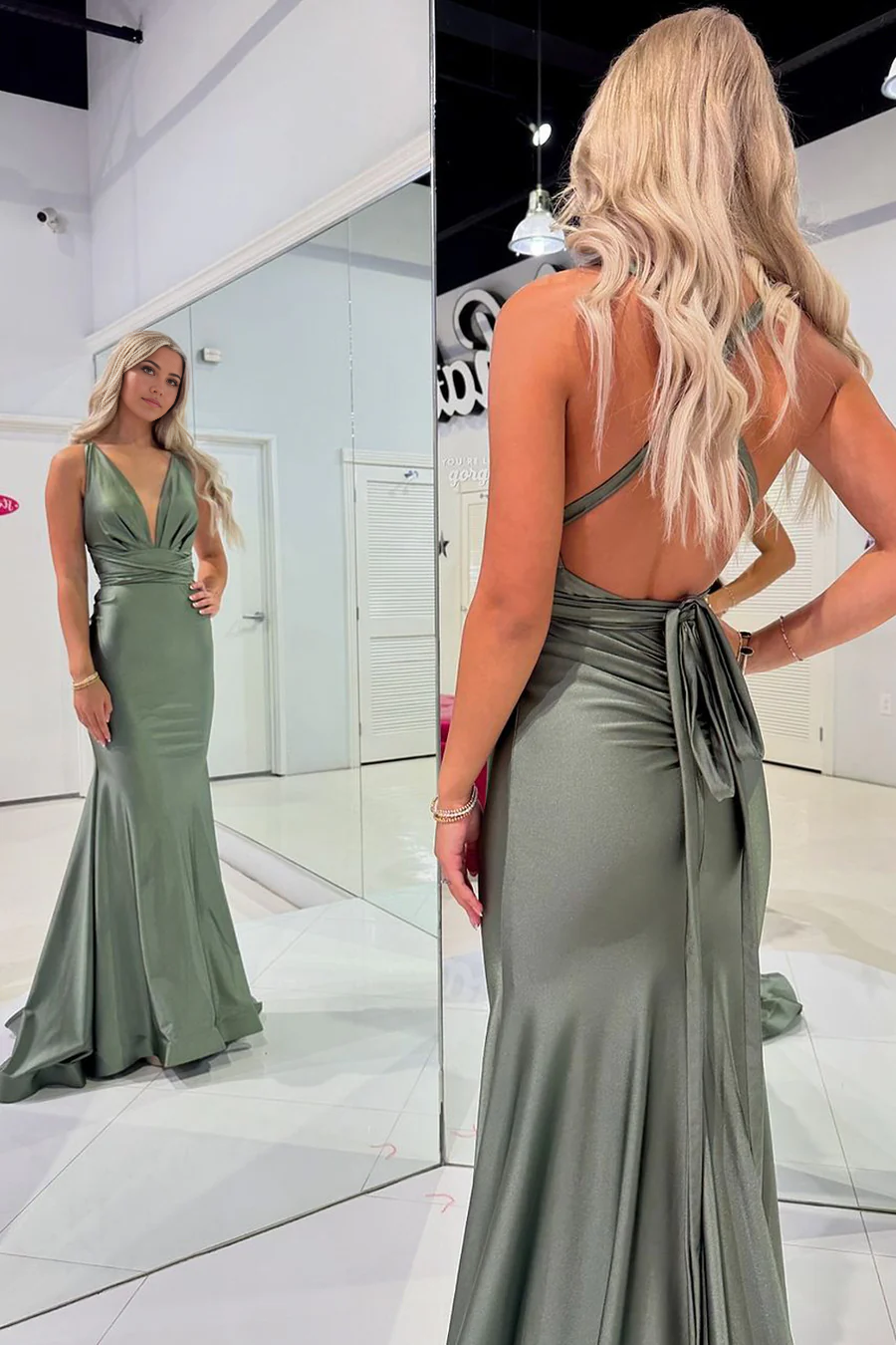 Mermaid Charming V Neck Oilve Green formal dresses evening gown Prom Dresses